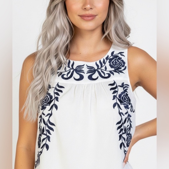 THML Tops - THML Boho Embroidered Sleeveless Top White Navy Floral Gauzy Lightweight Medium